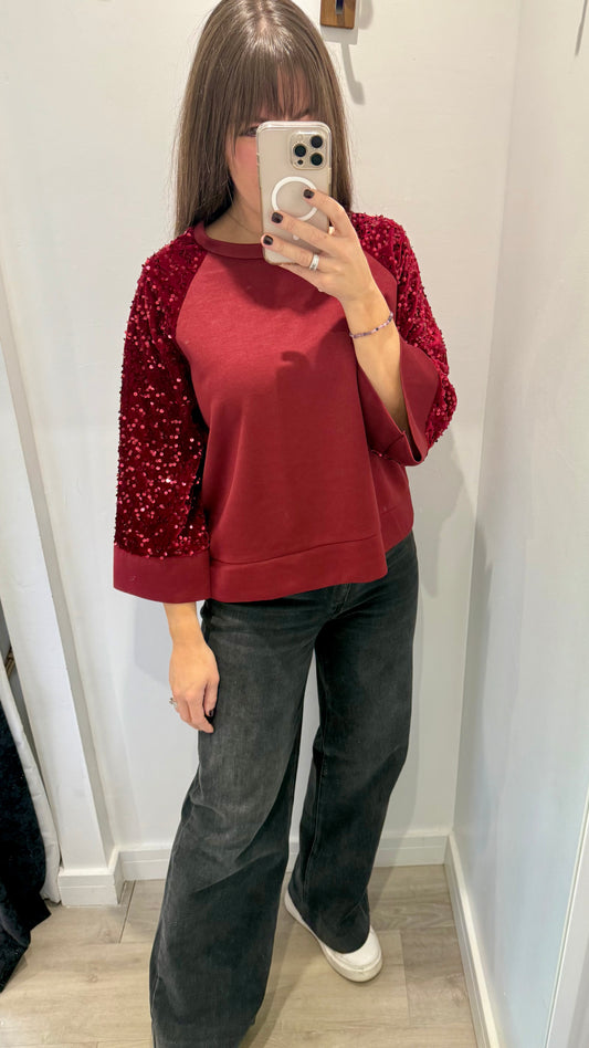 MERLOT RED SEQUIN SLEEVE SWEAT TOP