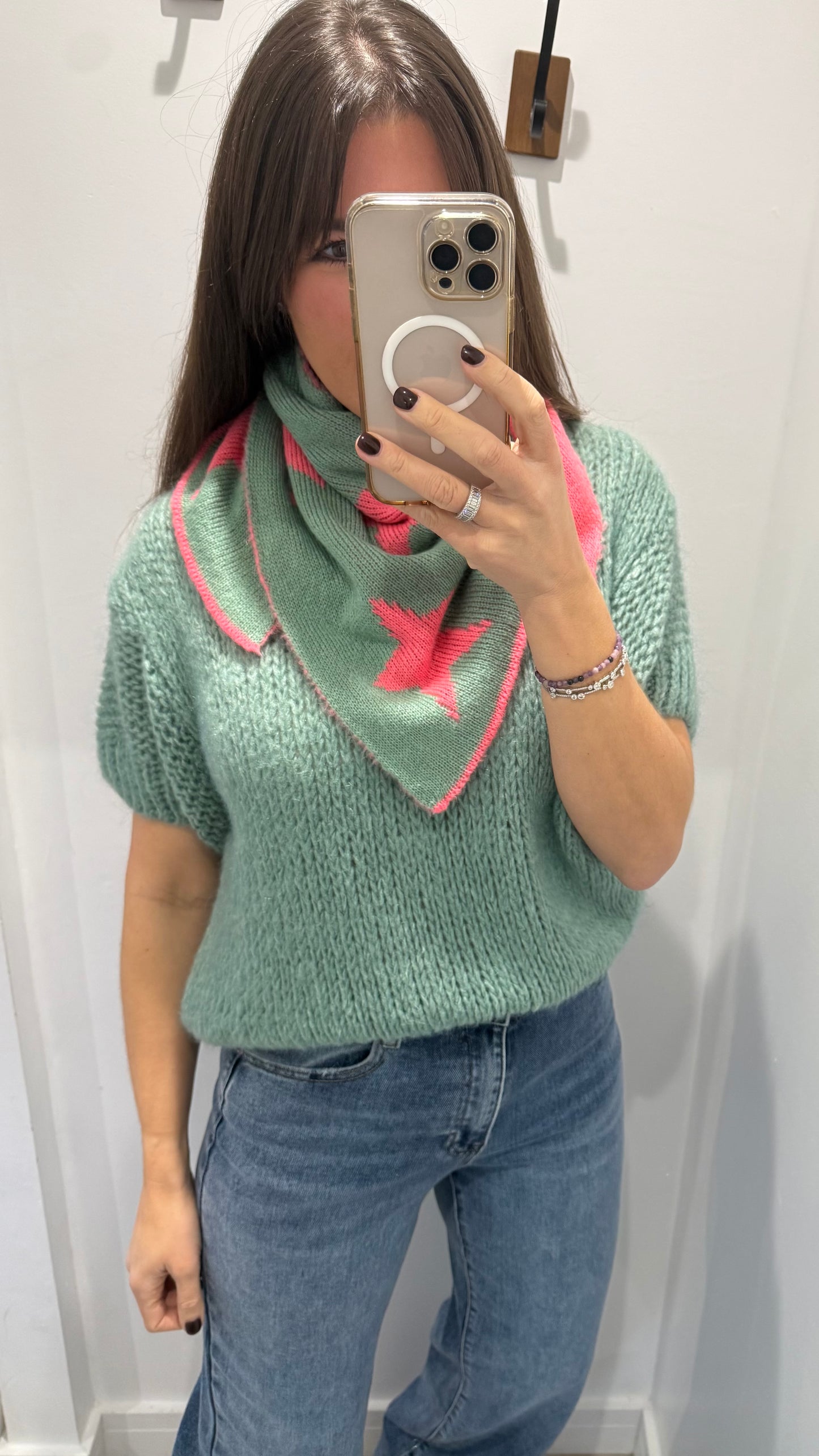 REVERSIBLE TRIANGLE STAR KNIT SCARF - MINT WITH CORAL