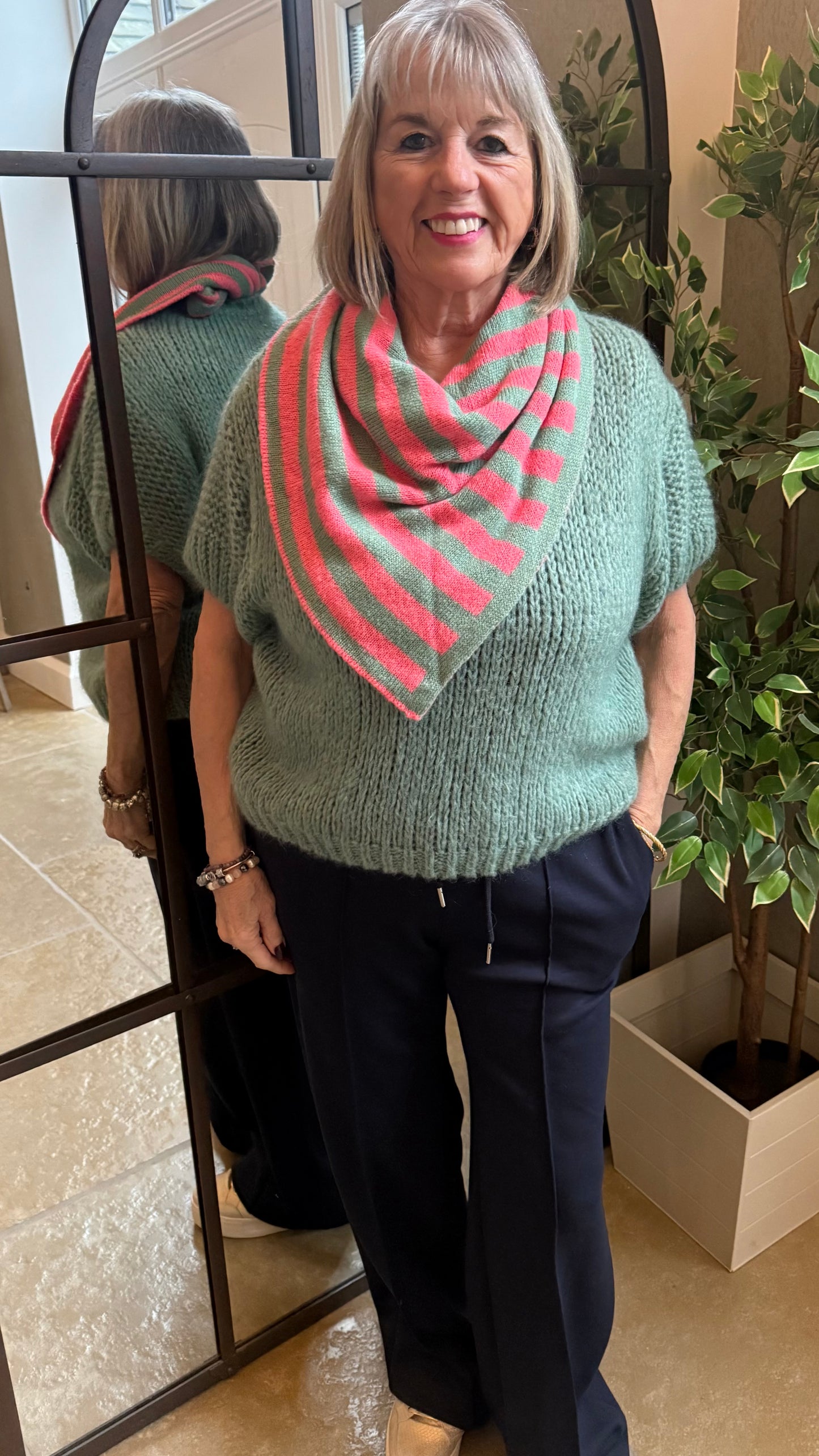 TRIANGLE STRIPE KNIT SCARF - MINT & CORAL STRIPE