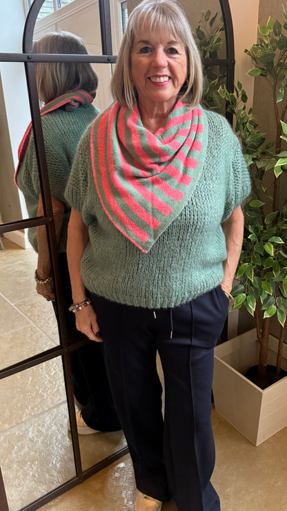 TRIANGLE STRIPE KNIT SCARF - MINT & CORAL STRIPE