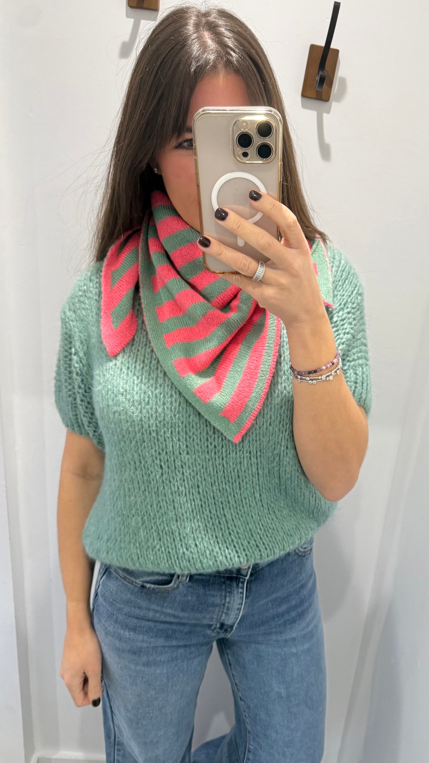 TRIANGLE STRIPE KNIT SCARF - MINT & CORAL STRIPE