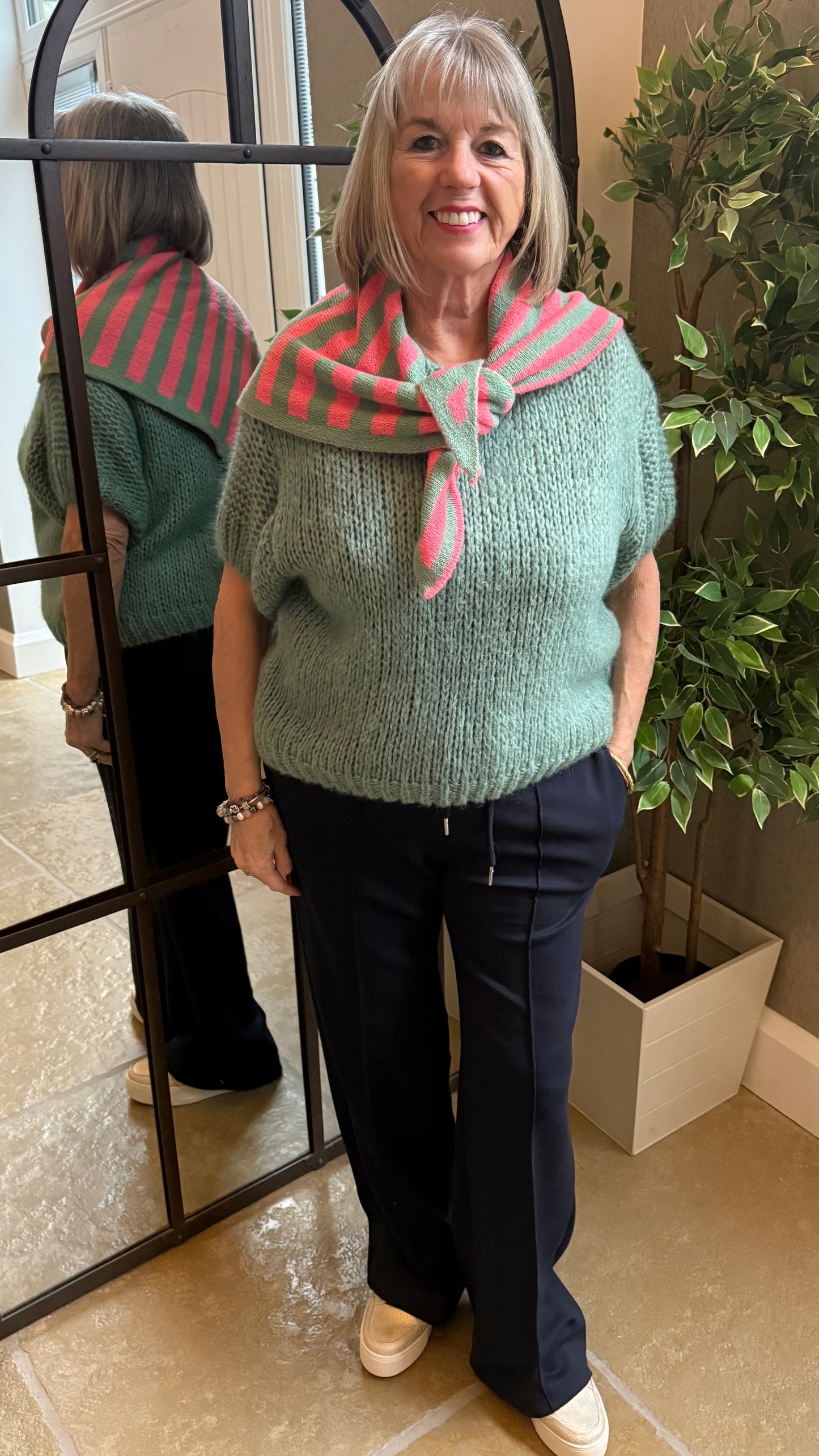 TRIANGLE STRIPE KNIT SCARF - MINT & CORAL STRIPE