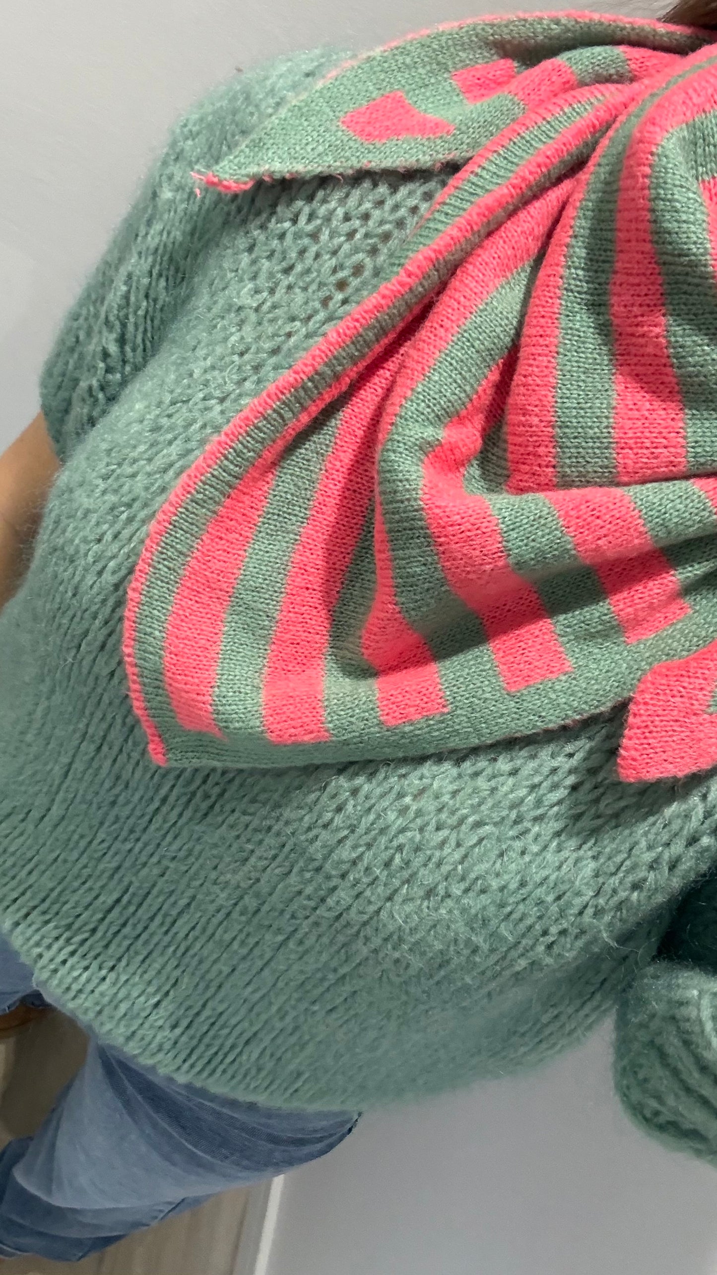 TRIANGLE STRIPE KNIT SCARF - MINT & CORAL STRIPE