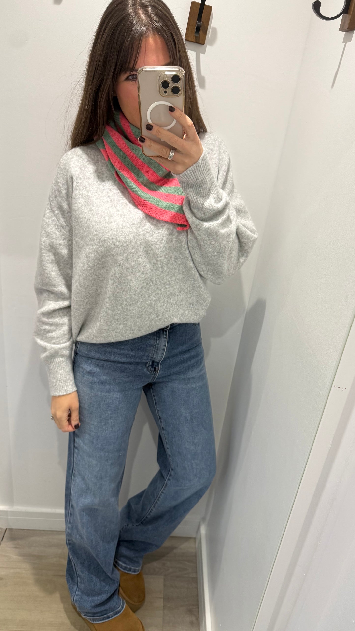 TRIANGLE STRIPE KNIT SCARF - MINT & CORAL STRIPE