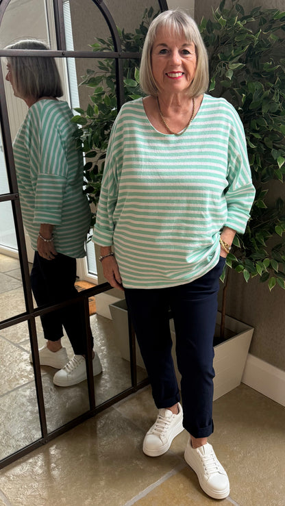MINT & WHITE STRIPE ROLL SLEEVE TOP
