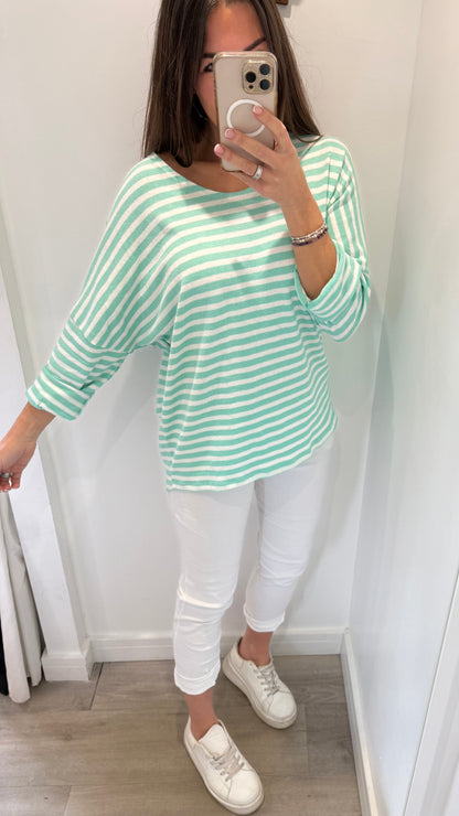MINT & WHITE STRIPE ROLL SLEEVE TOP