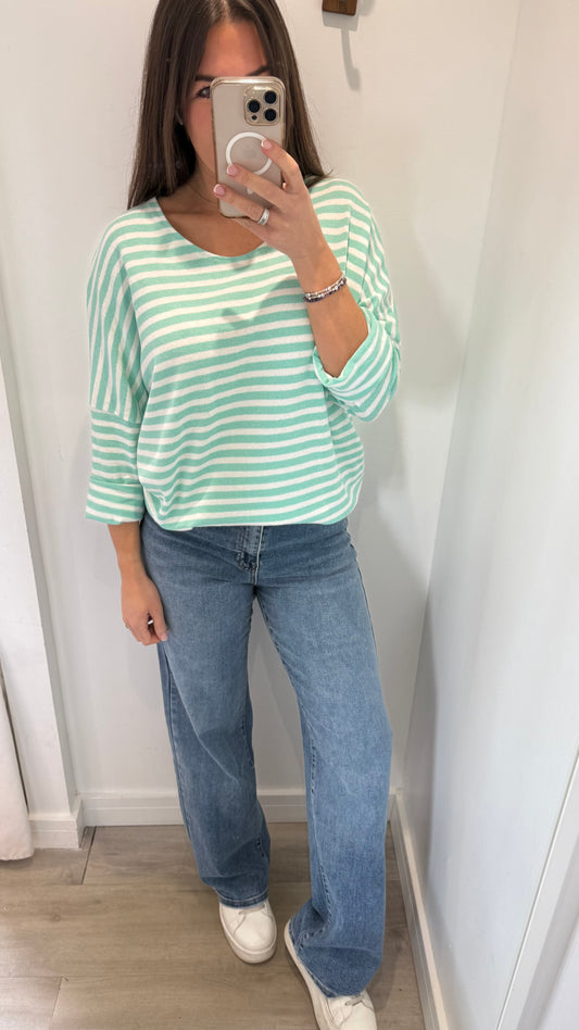 MINT & WHITE STRIPE ROLL SLEEVE TOP