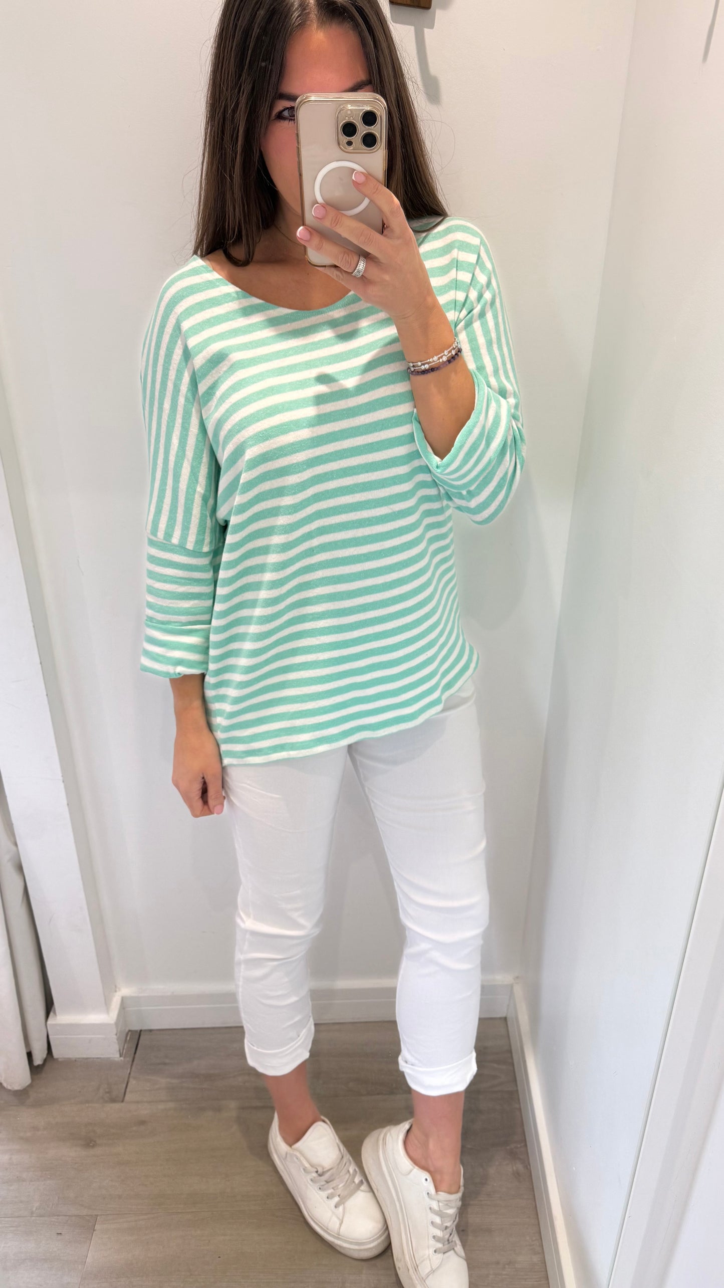 MINT & WHITE STRIPE ROLL SLEEVE TOP