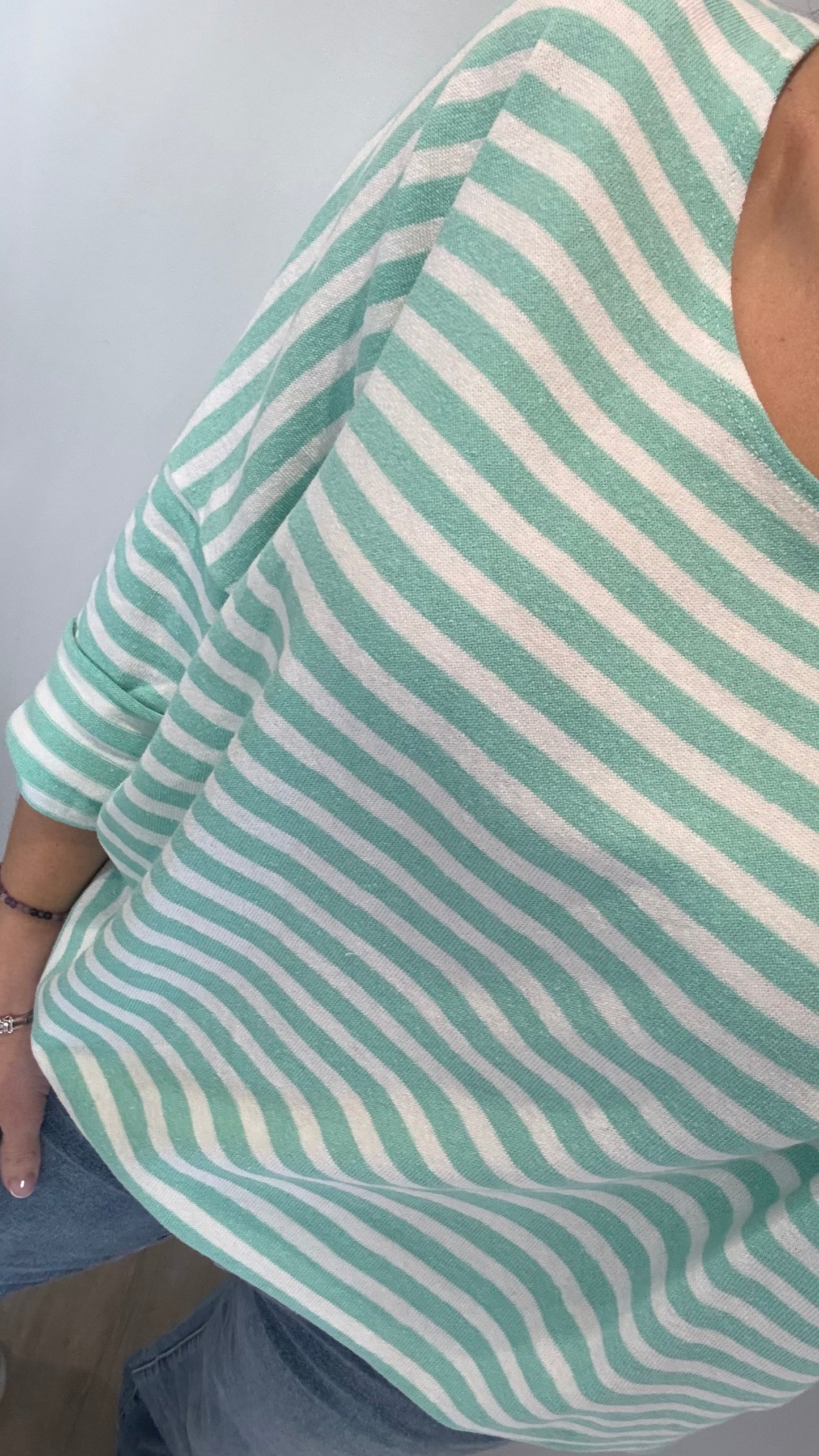 MINT & WHITE STRIPE ROLL SLEEVE TOP