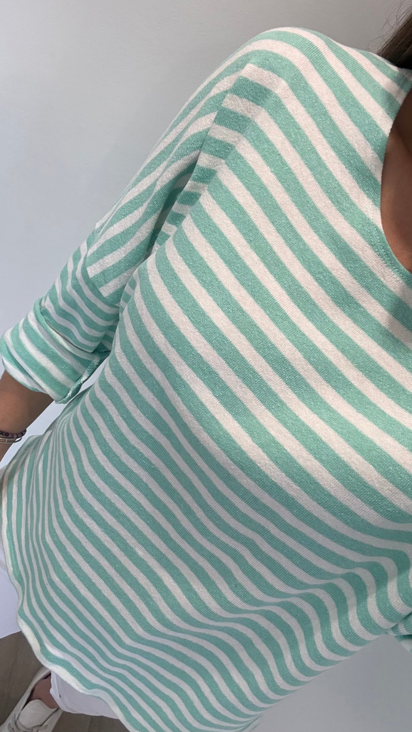 MINT & WHITE STRIPE ROLL SLEEVE TOP