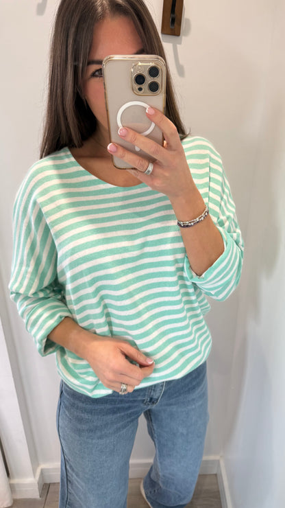 MINT & WHITE STRIPE ROLL SLEEVE TOP
