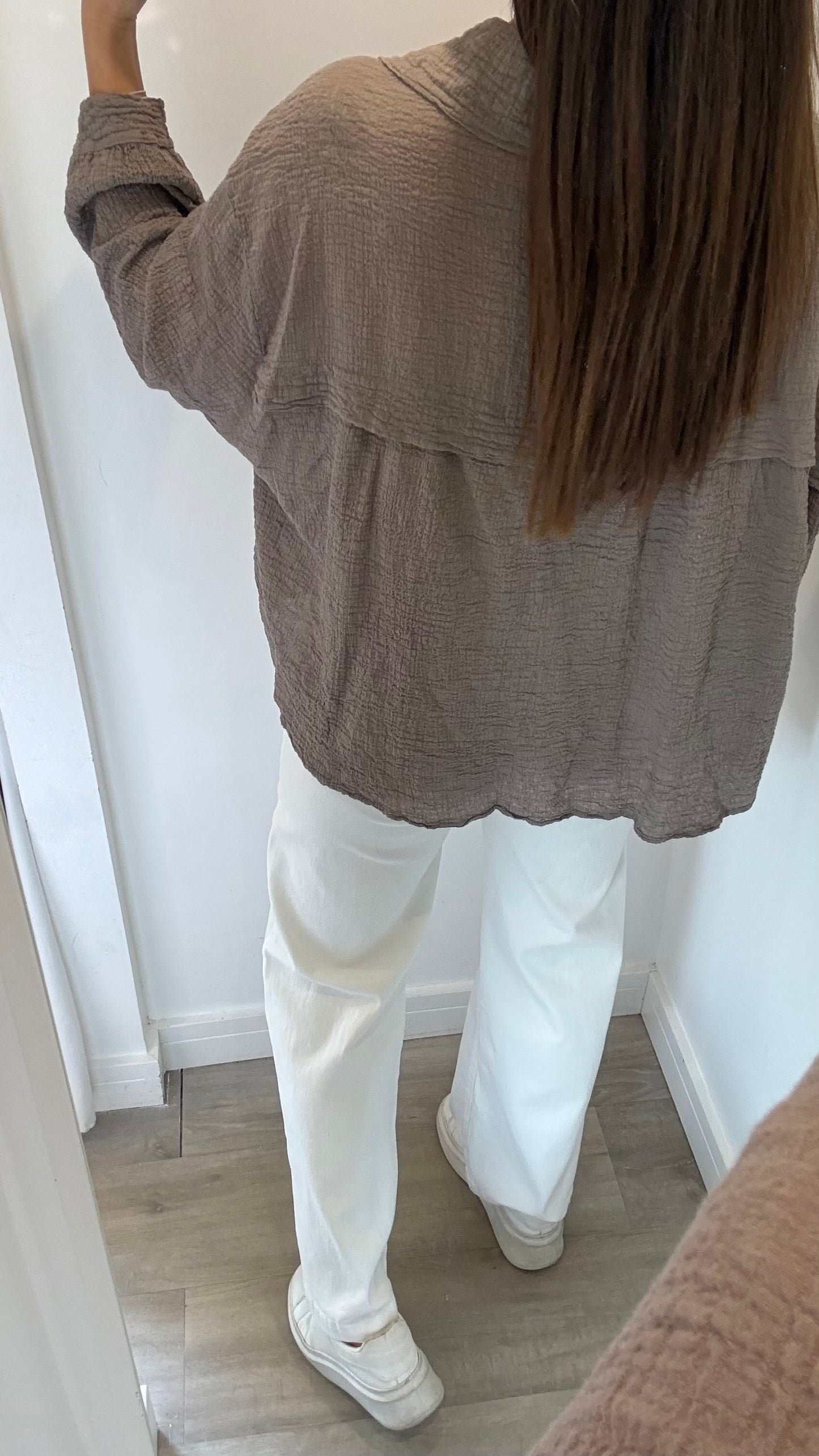 MOCHA CHEESECLOTH BUTTON THROUGH SHIRT