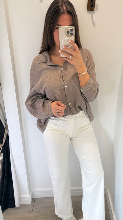 MOCHA CHEESECLOTH BUTTON THROUGH SHIRT