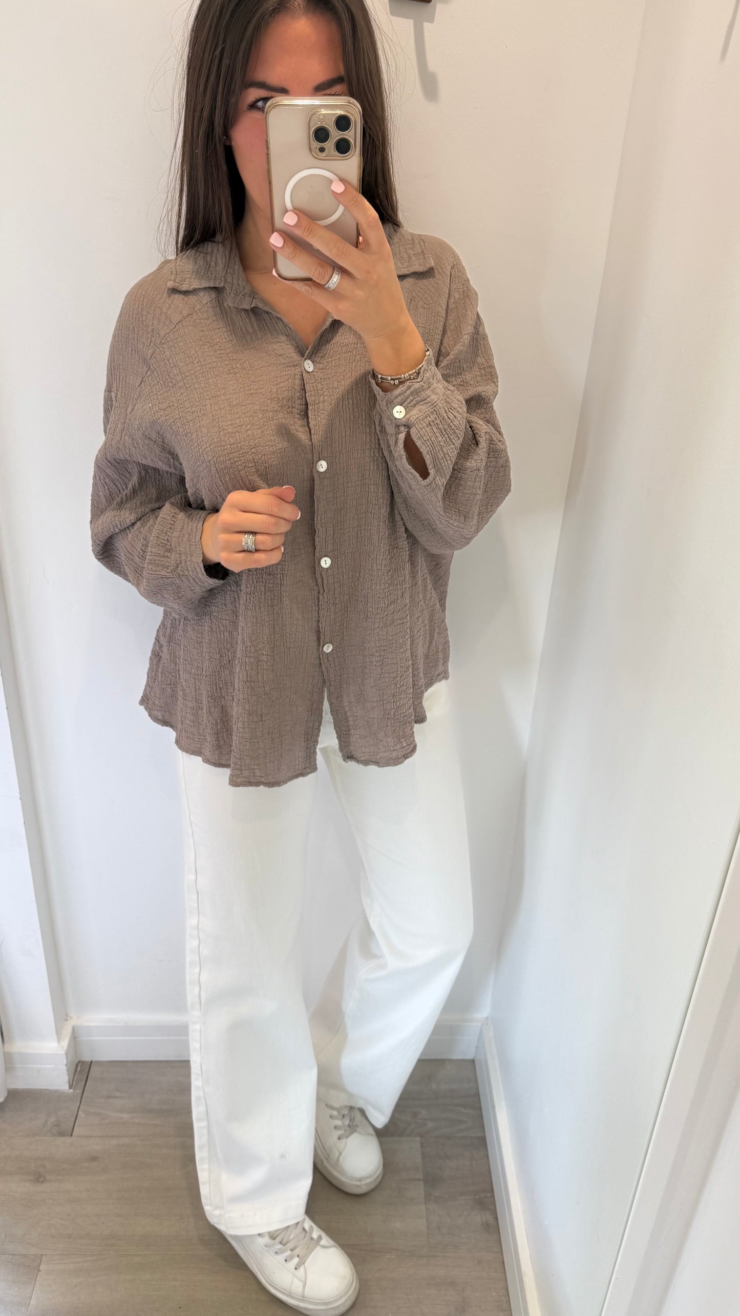 MOCHA CHEESECLOTH BUTTON THROUGH SHIRT