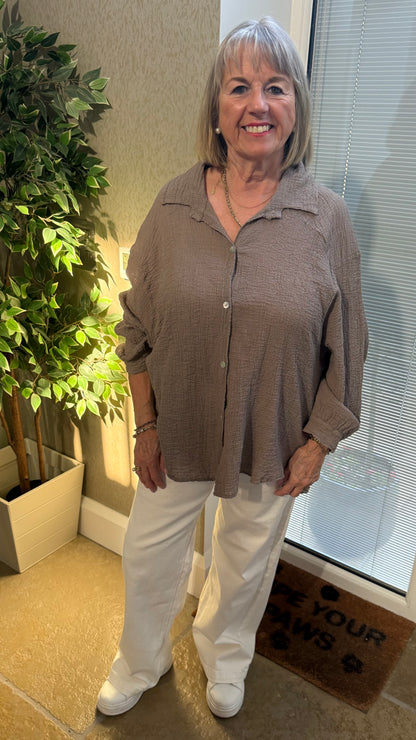 MOCHA CHEESECLOTH BUTTON THROUGH SHIRT