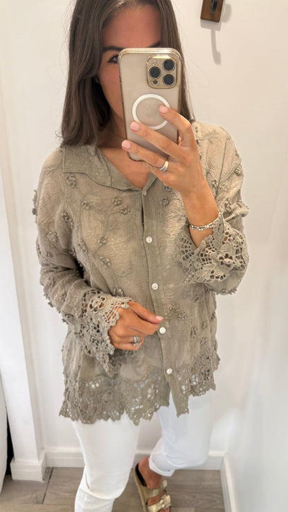 MOCHA CROCHET DETAIL SHIRT