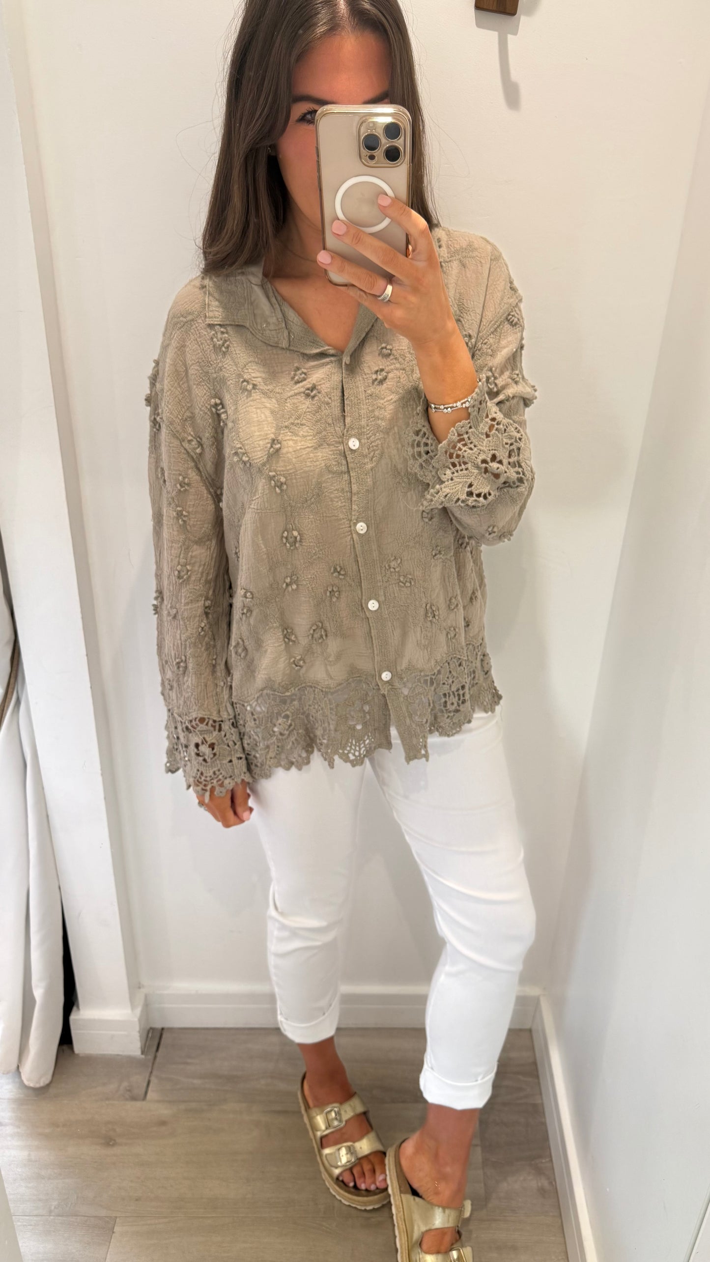 MOCHA CROCHET DETAIL SHIRT