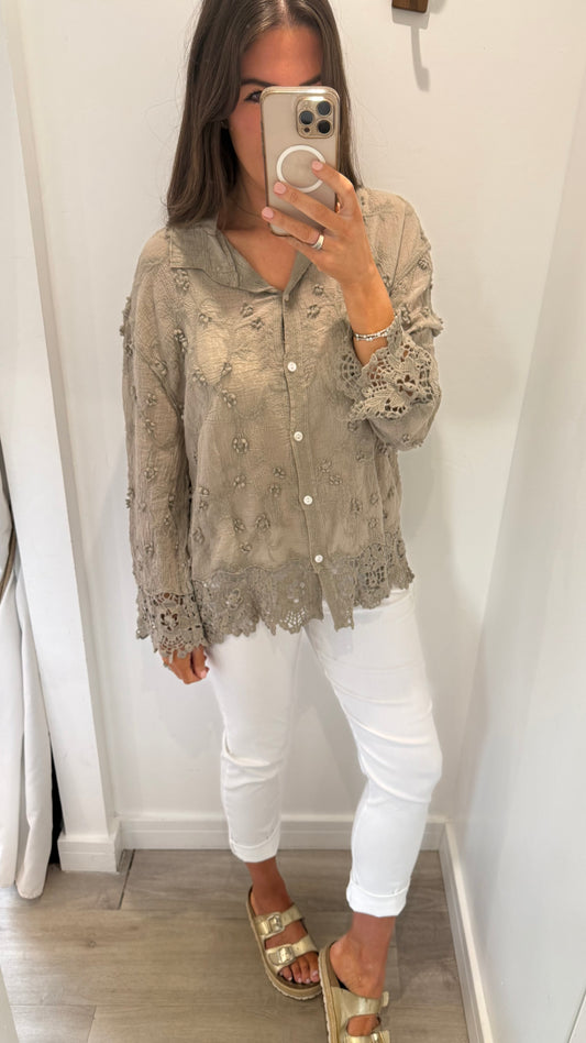 MOCHA CROCHET DETAIL SHIRT