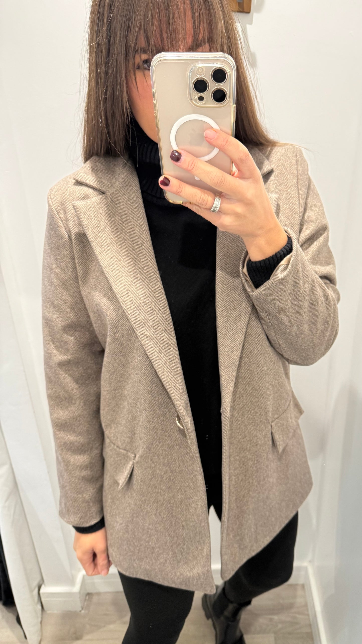 MOCHA TWEED STYLE ONE-BUTTON BLAZER