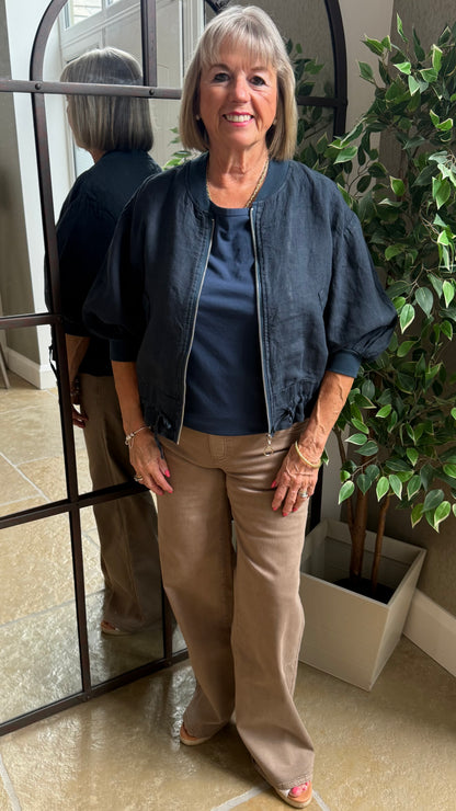 NAVY LINEN BOMBER JACKET
