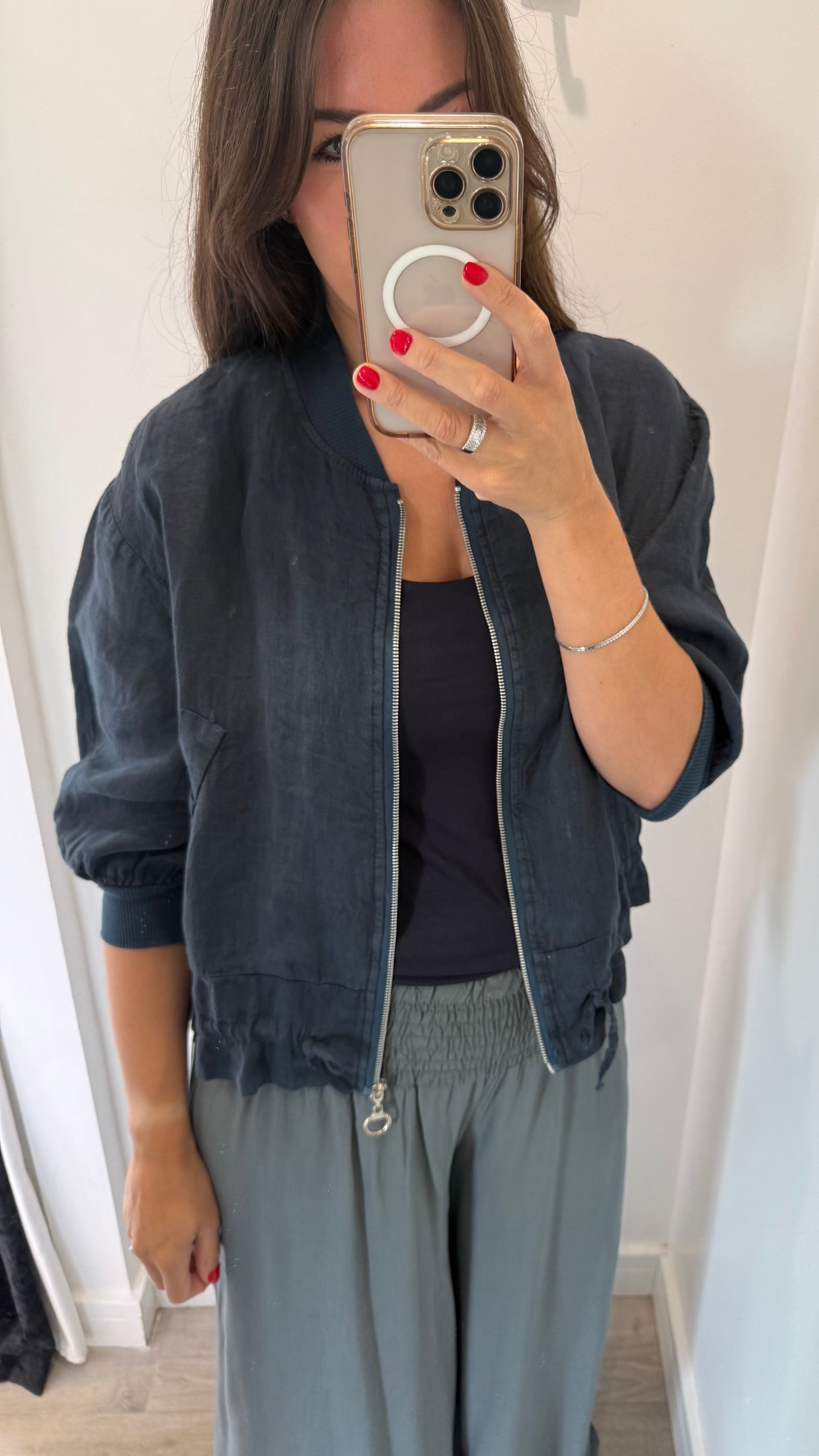 NAVY LINEN BOMBER JACKET