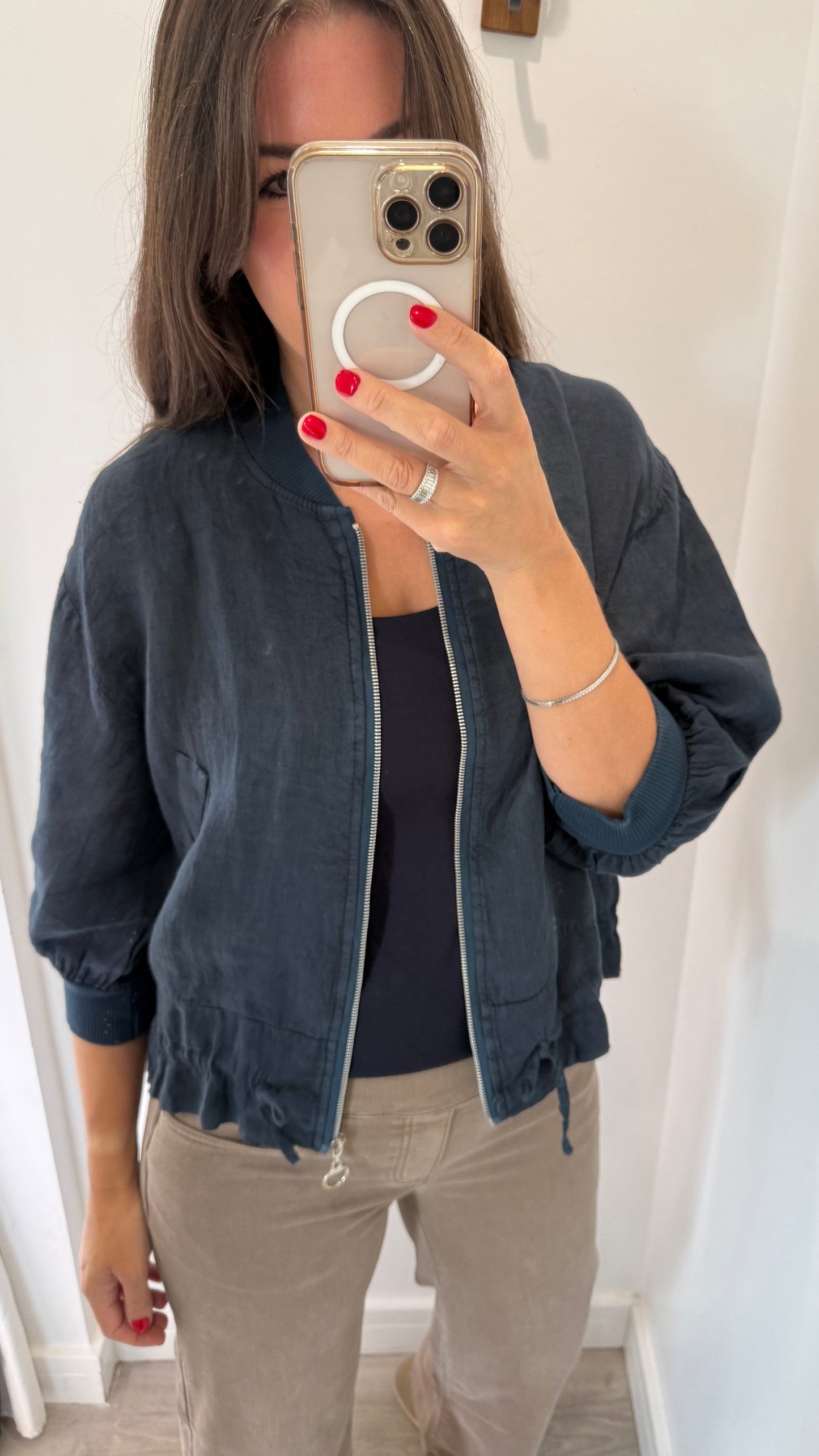 NAVY LINEN BOMBER JACKET