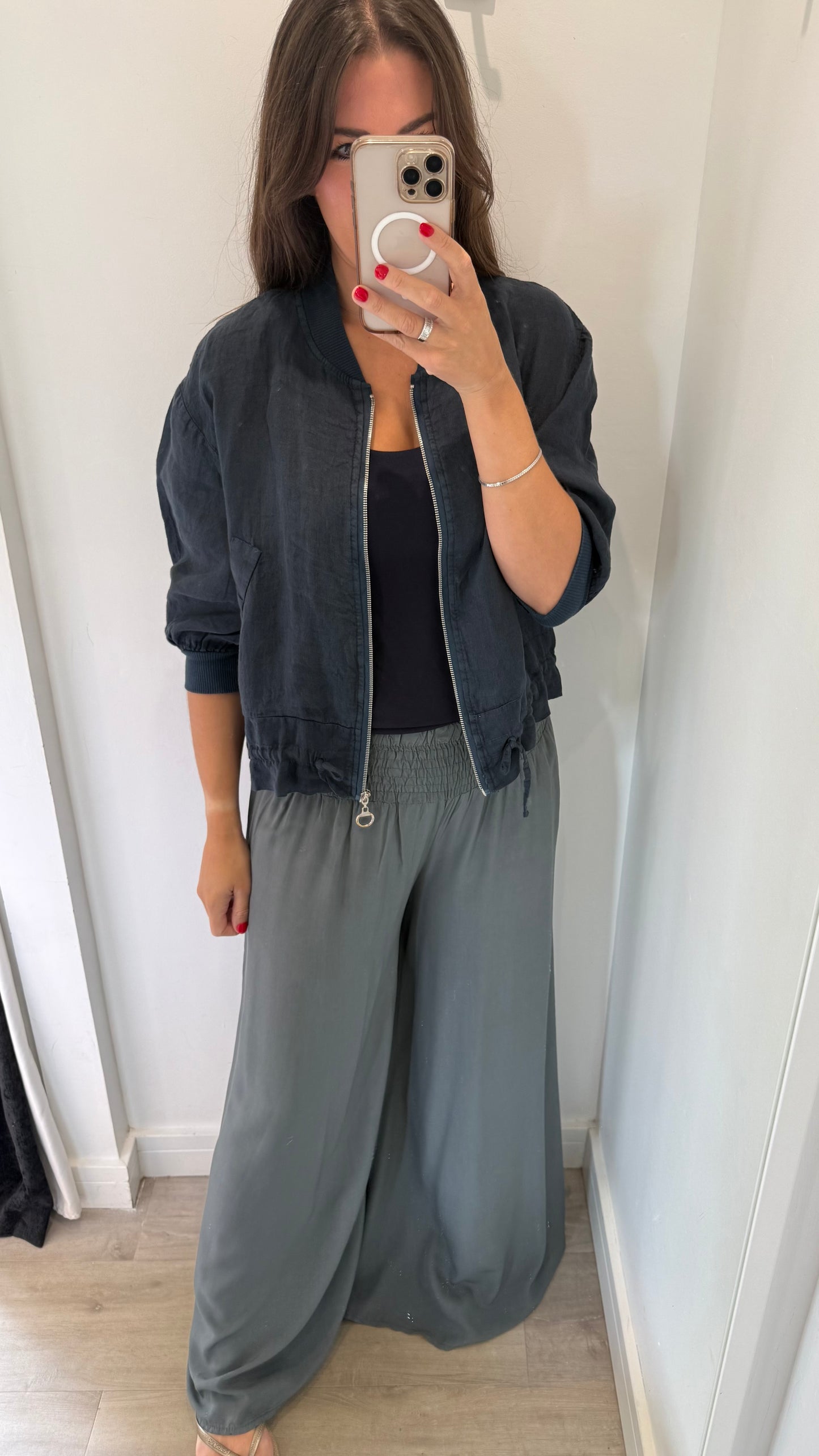 NAVY LINEN BOMBER JACKET