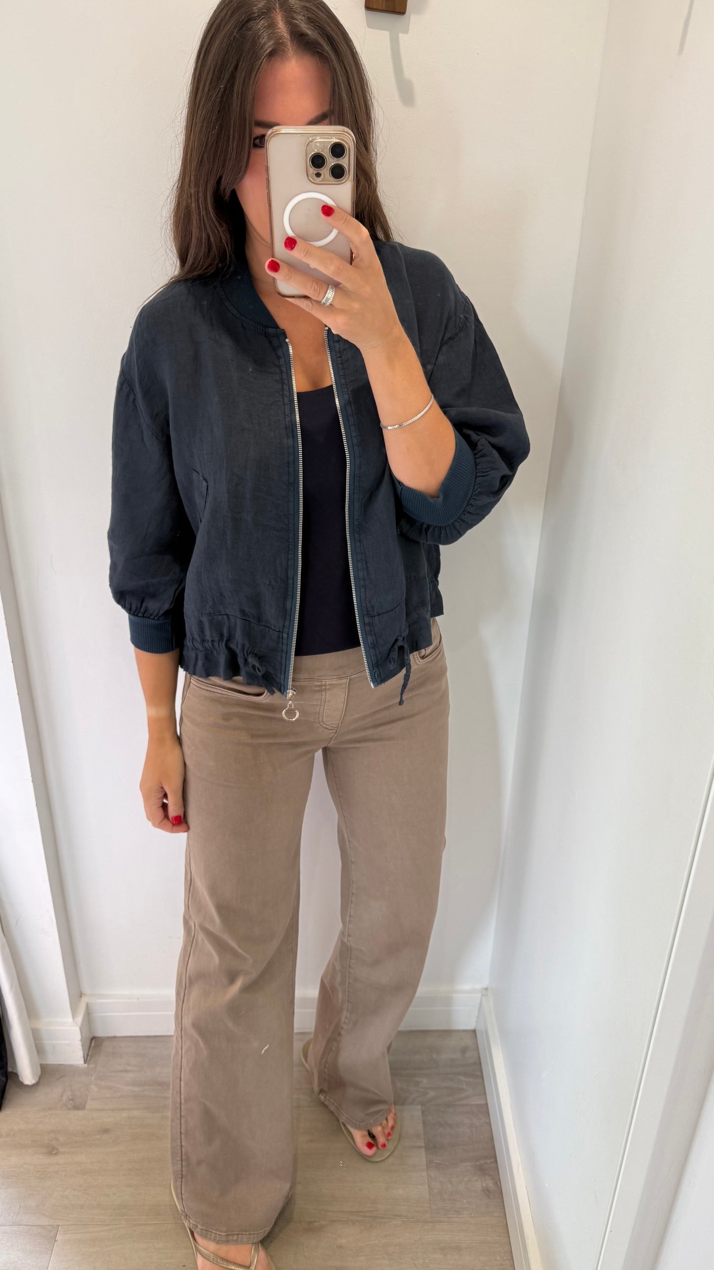 NAVY LINEN BOMBER JACKET