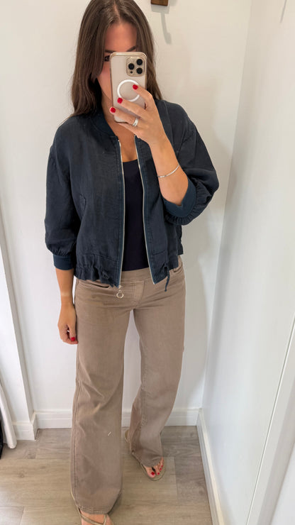 NAVY LINEN BOMBER JACKET