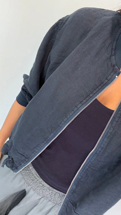 NAVY LINEN BOMBER JACKET