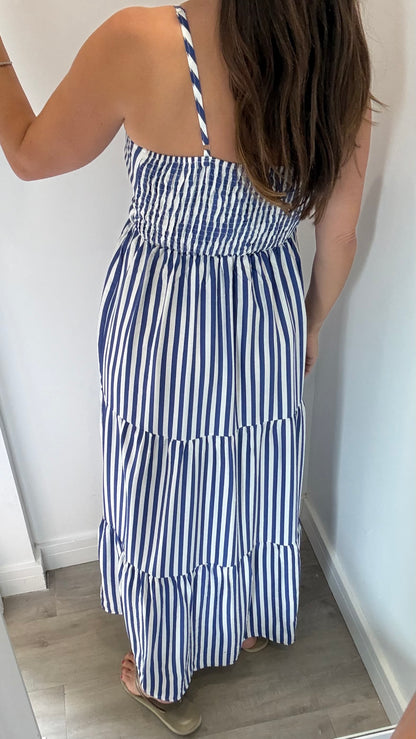 NAVY & WHITE STRIPE TIERED DRESS