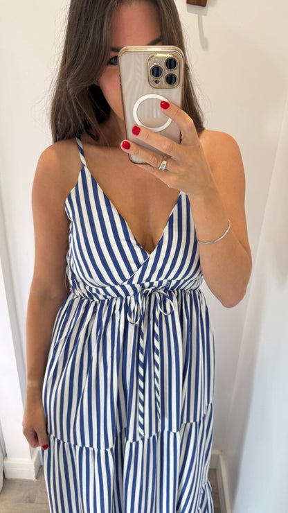 NAVY & WHITE STRIPE TIERED DRESS
