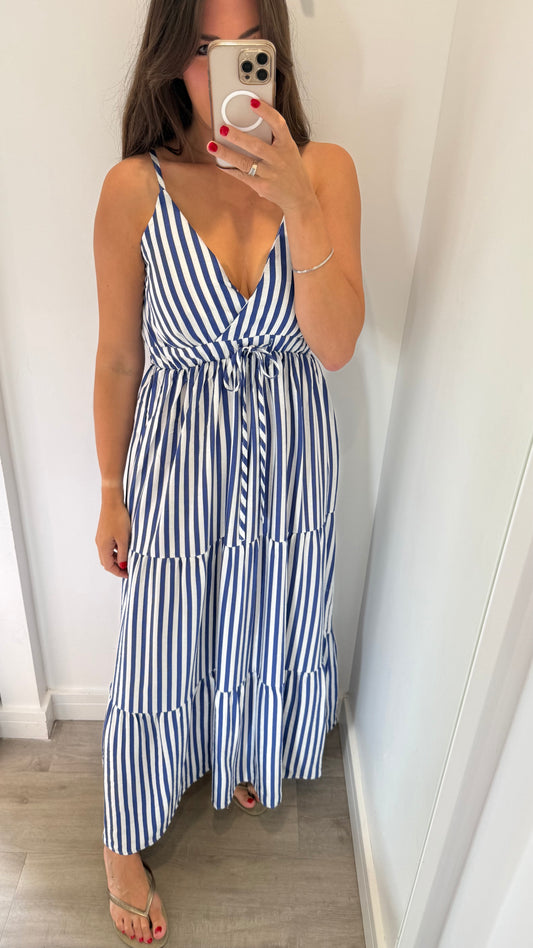 NAVY & WHITE STRIPE TIERED DRESS