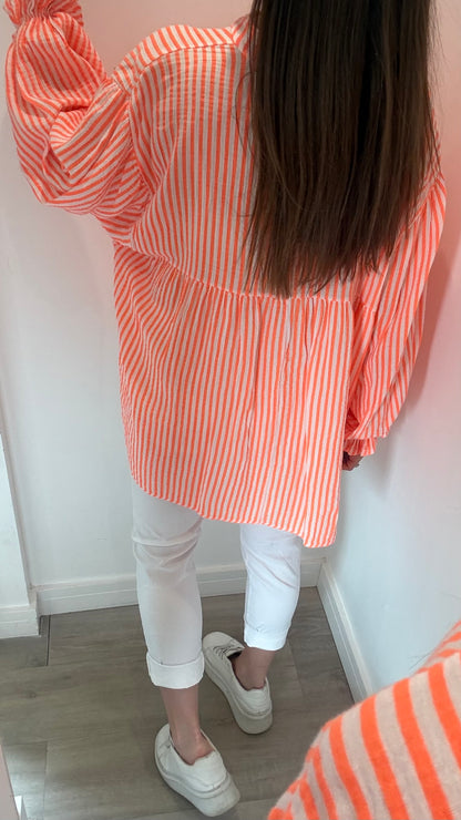 NEON ORANGE STRIPE GRANDAD COLLAR SMOCK TOP