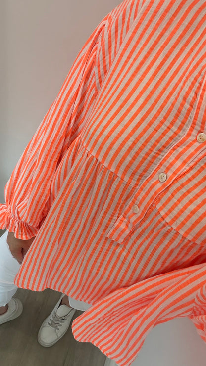 NEON ORANGE STRIPE GRANDAD COLLAR SMOCK TOP