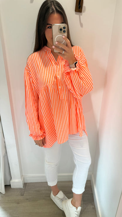 NEON ORANGE STRIPE GRANDAD COLLAR SMOCK TOP