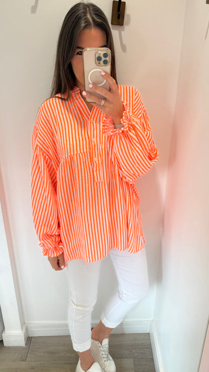 NEON ORANGE STRIPE GRANDAD COLLAR SMOCK TOP