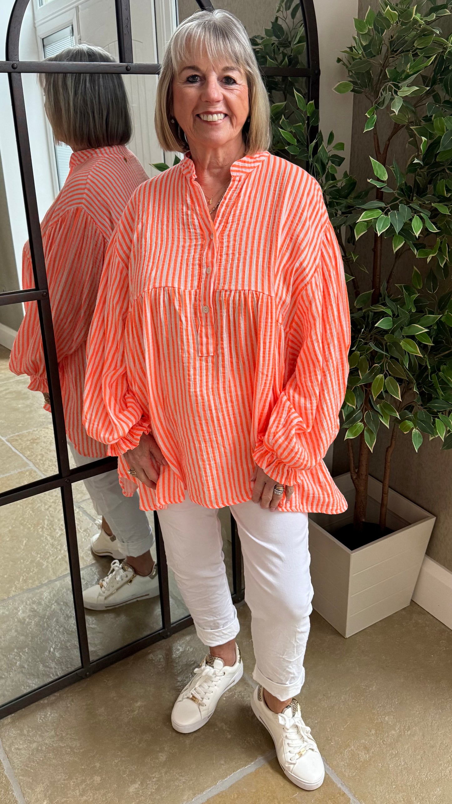 NEON ORANGE STRIPE GRANDAD COLLAR SMOCK TOP