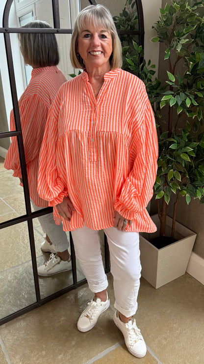 NEON ORANGE STRIPE GRANDAD COLLAR SMOCK TOP