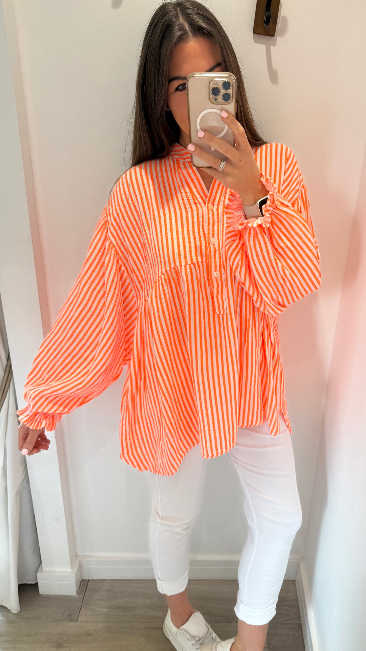 NEON ORANGE STRIPE GRANDAD COLLAR SMOCK TOP