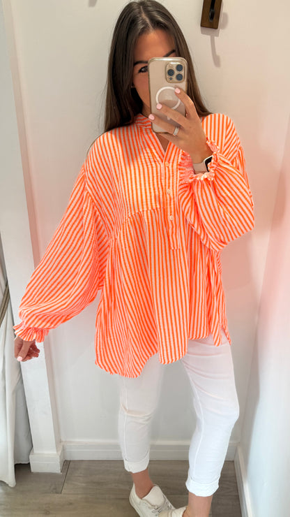 NEON ORANGE STRIPE GRANDAD COLLAR SMOCK TOP