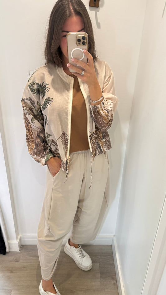 NUDE SAFARI PRINT SILKY BOMBER JACKET