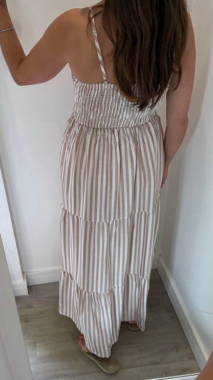 NUDE & WHITE STRIPE TIERED DRESS