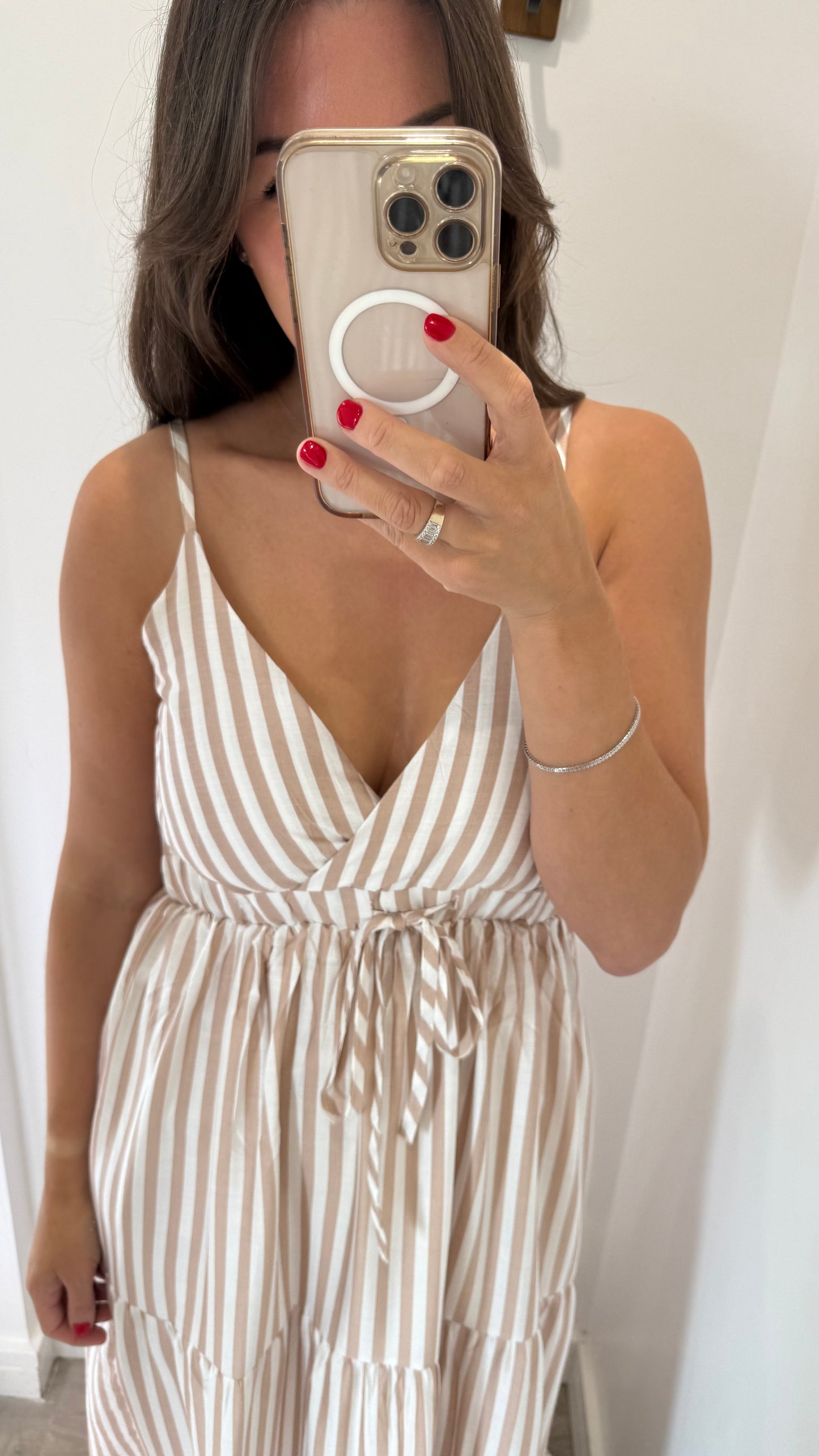 NUDE & WHITE STRIPE TIERED DRESS