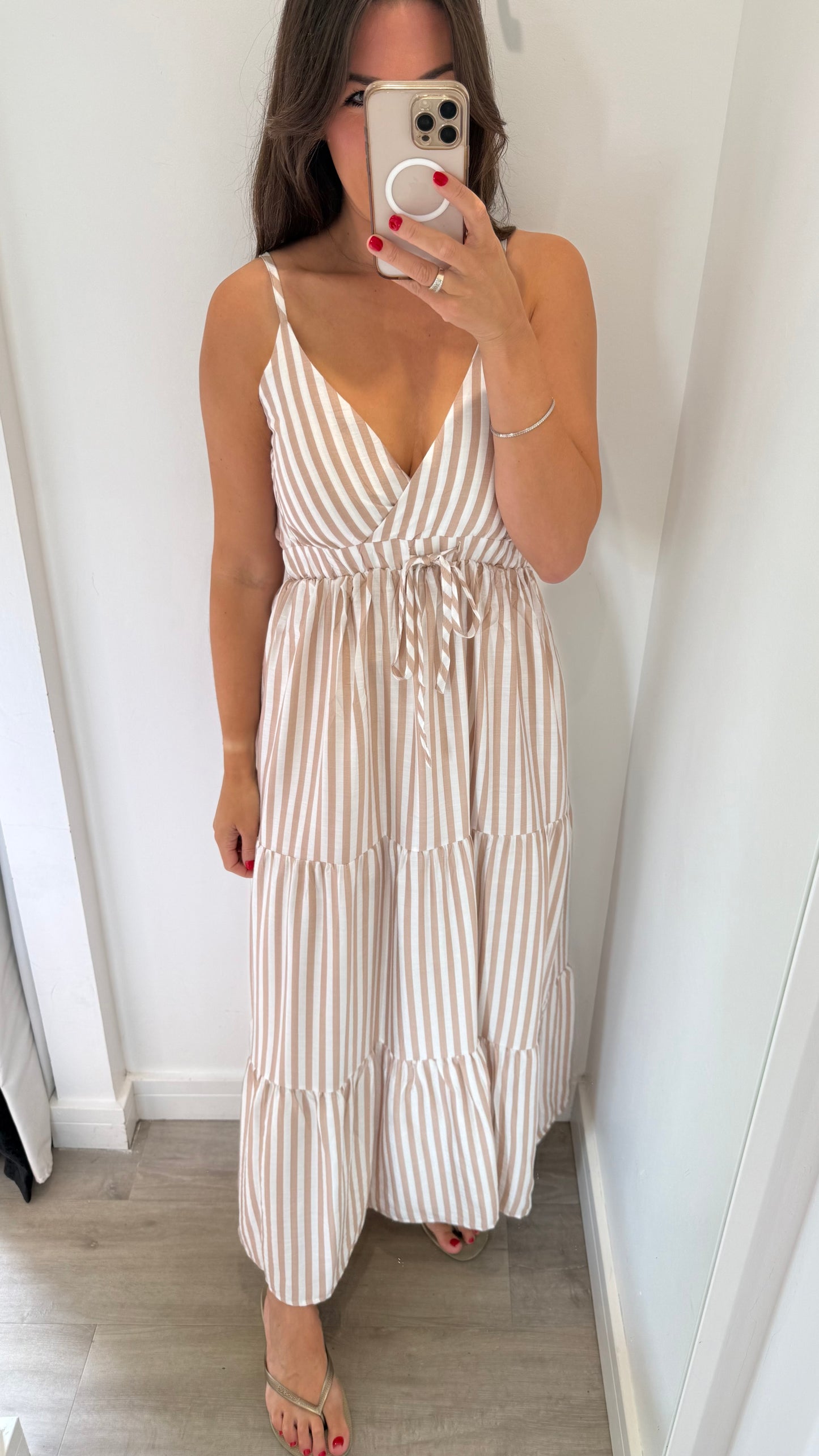 NUDE & WHITE STRIPE TIERED DRESS