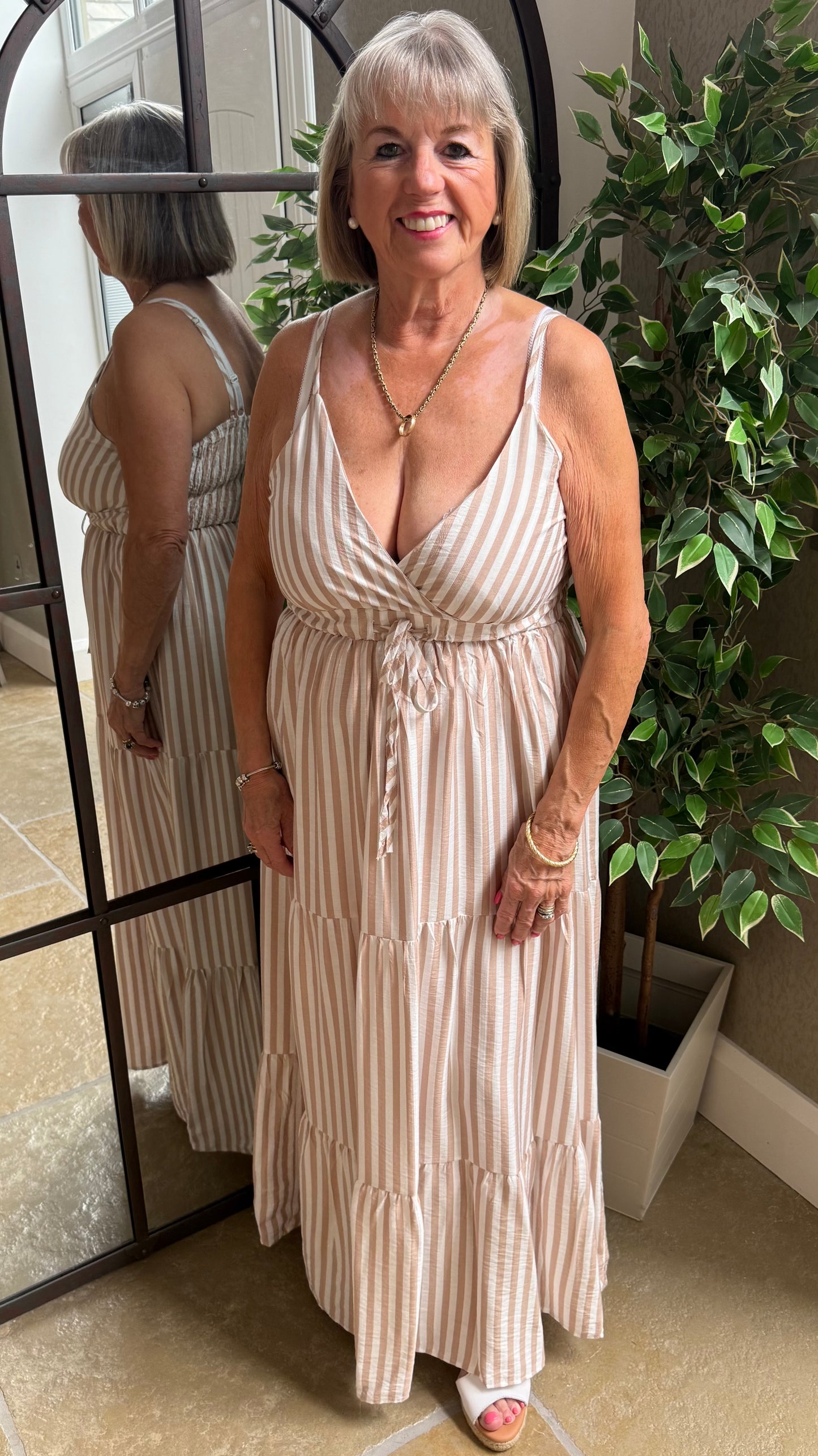 NUDE & WHITE STRIPE TIERED DRESS
