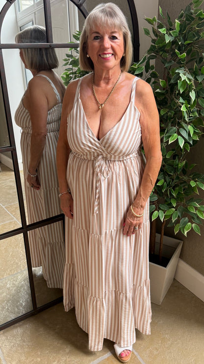 NUDE & WHITE STRIPE TIERED DRESS
