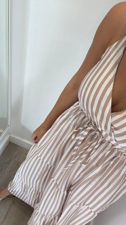 NUDE & WHITE STRIPE TIERED DRESS