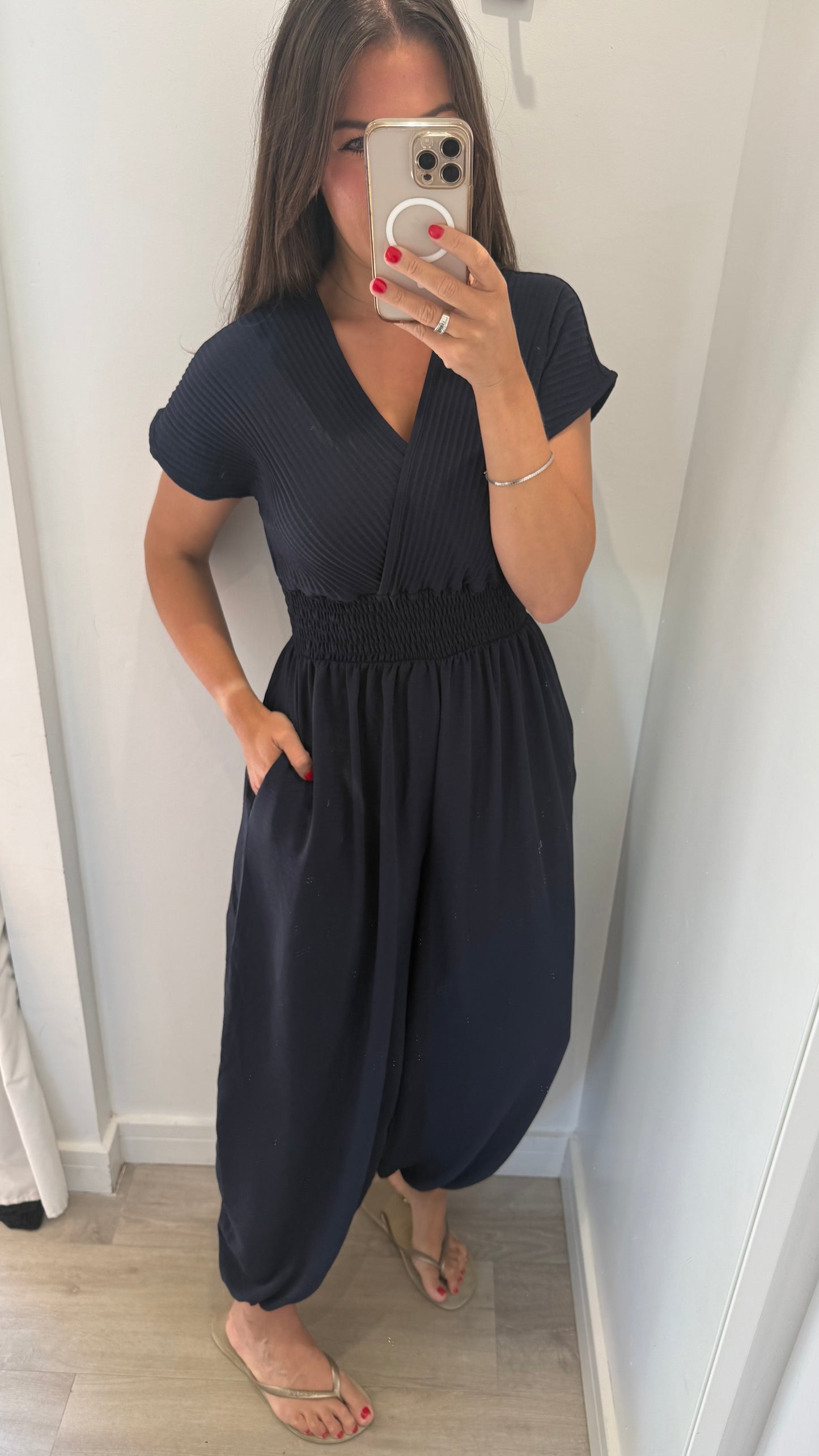 NAVY RIBBED HAREM JUMPSUIT