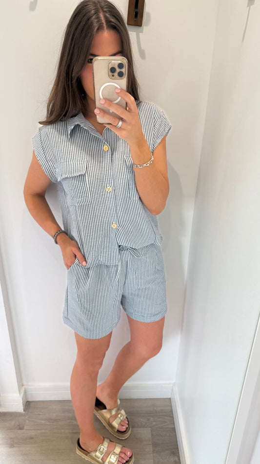 NAVY STRIPE SHORT SET